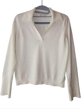 FREE ASSEMBLY V-Neck Polo Sweater Cream/Ivory Long Sleeve w/ Collar Sz S